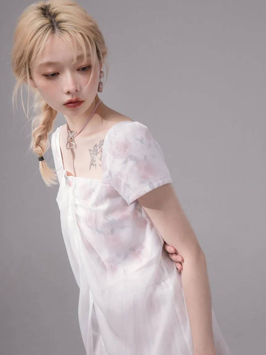 Layered Sheer Flower Top＆ Pleated Skirt