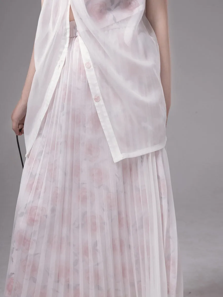 Layered Sheer Flower Top＆ Pleated Skirt