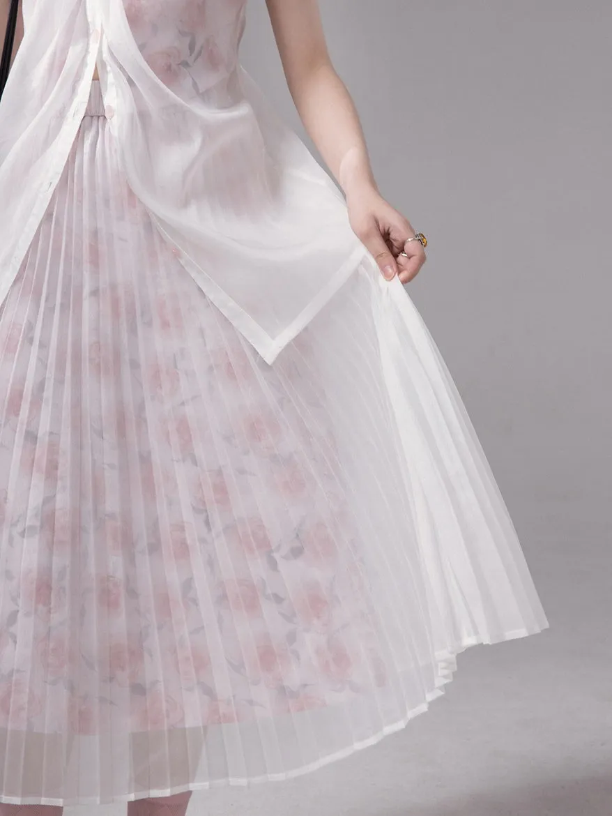 Layered Sheer Flower Top＆ Pleated Skirt