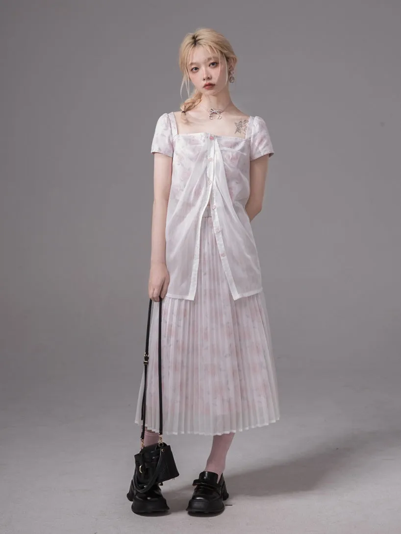 Layered Sheer Flower Top＆ Pleated Skirt
