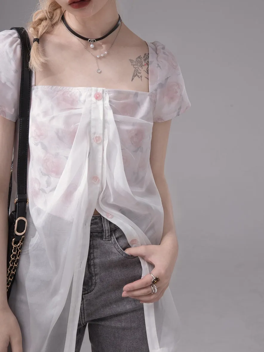 Layered Sheer Flower Top＆ Pleated Skirt