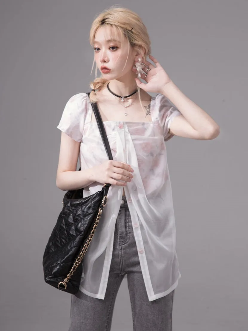 Layered Sheer Flower Top＆ Pleated Skirt