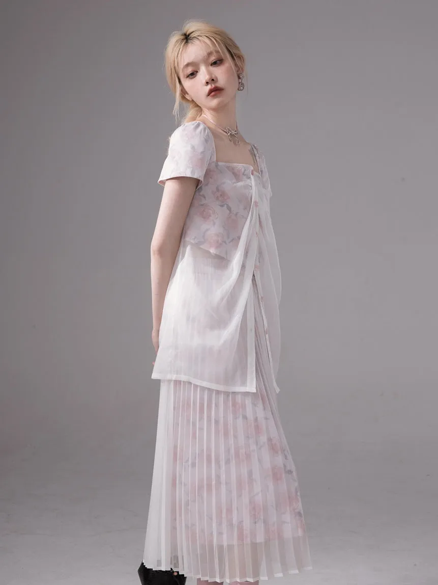 Layered Sheer Flower Top＆ Pleated Skirt