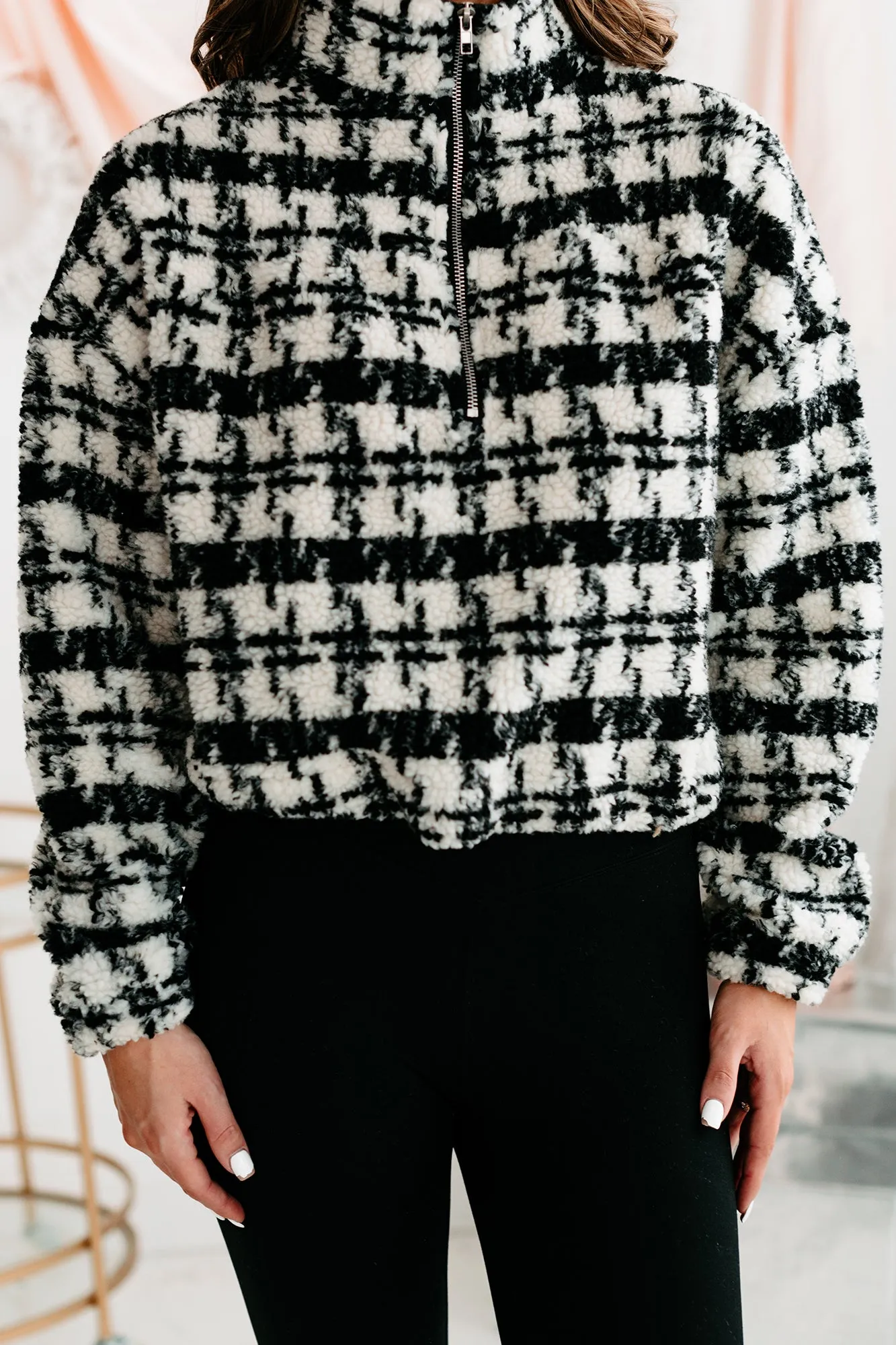 Live Your Truth Houndstooth Cropped Quarter-Zip Pullover (Black)