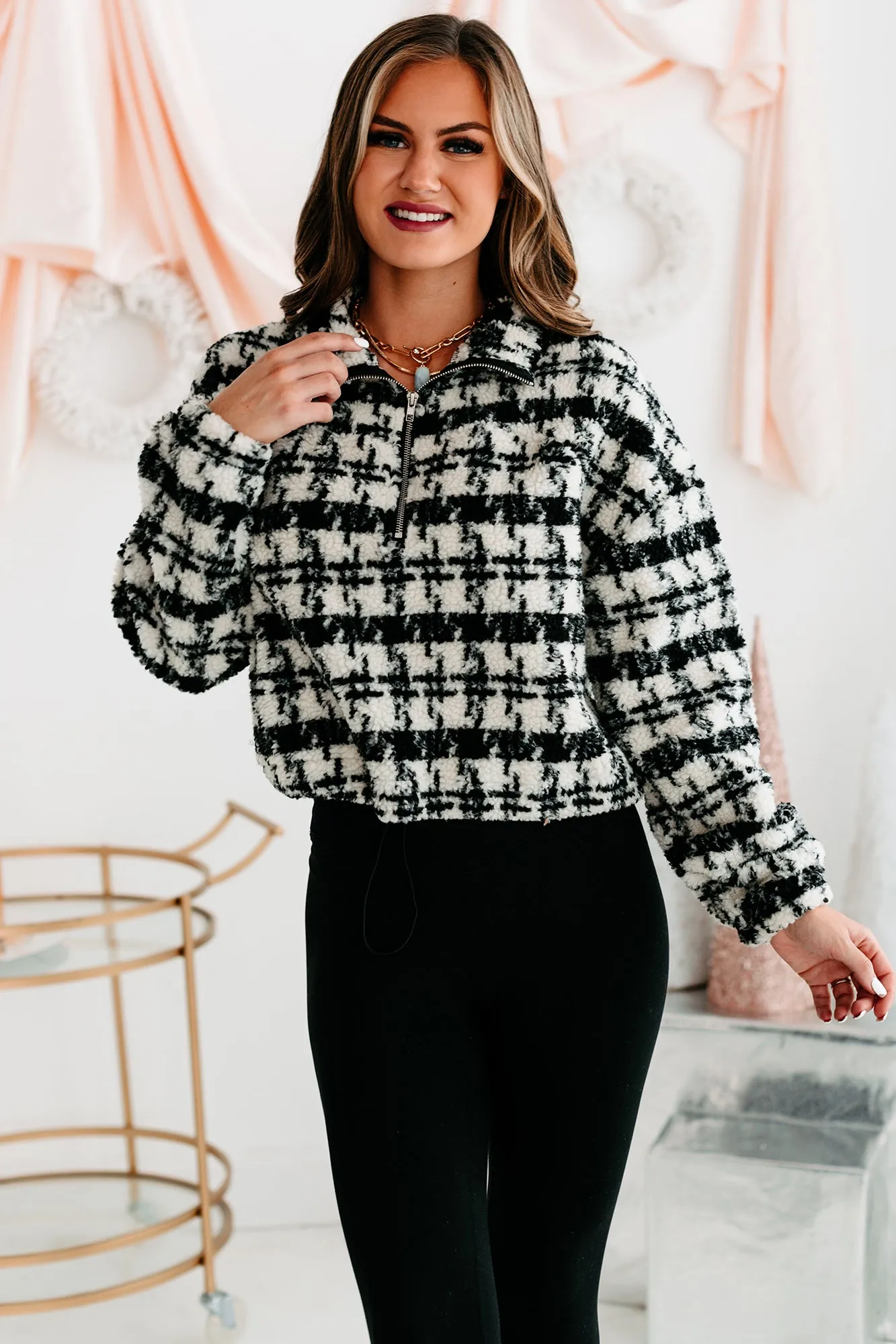 Live Your Truth Houndstooth Cropped Quarter-Zip Pullover (Black)