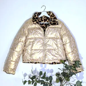 Luxe subtle golden animal print warm reversible puffa jacket (M)