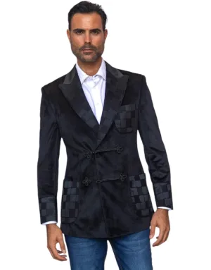 Manzini Black Double Breasted Men's Jacket Peak Lapel Patch Pockets Velvet Blazer