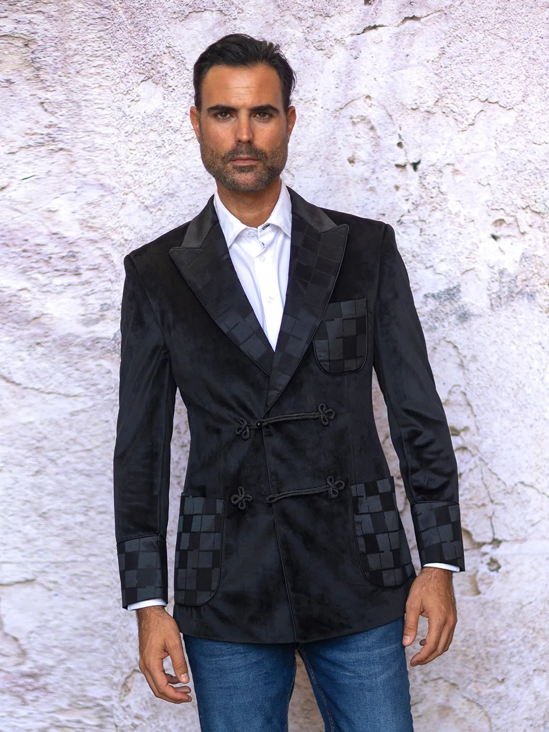 Manzini Black Double Breasted Men's Jacket Peak Lapel Patch Pockets Velvet Blazer