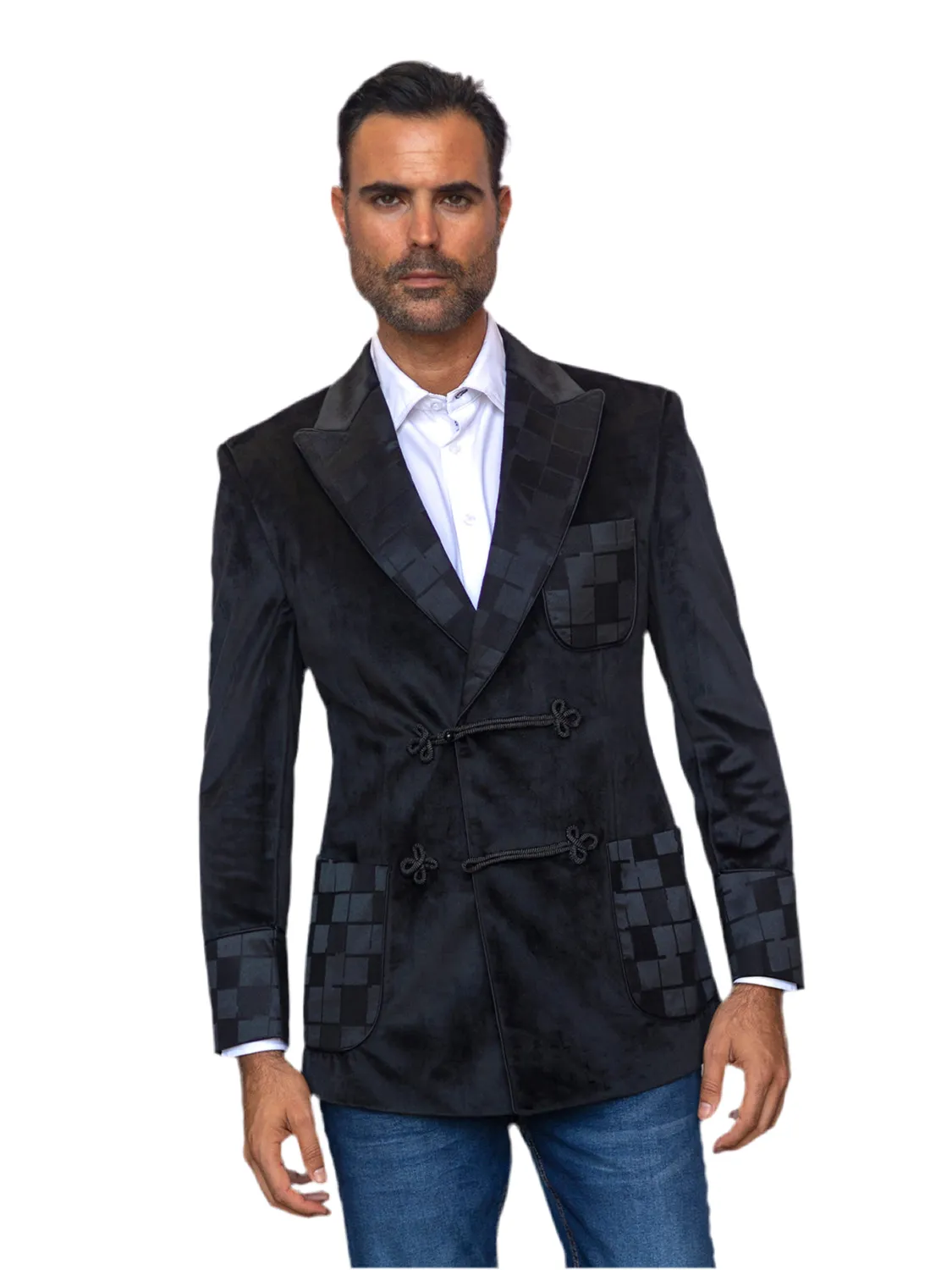 Manzini Black Double Breasted Men's Jacket Peak Lapel Patch Pockets Velvet Blazer
