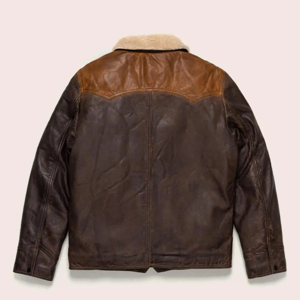 Men's Sheepskin Double Tone Brown Sherpa Western Leather Jacket
