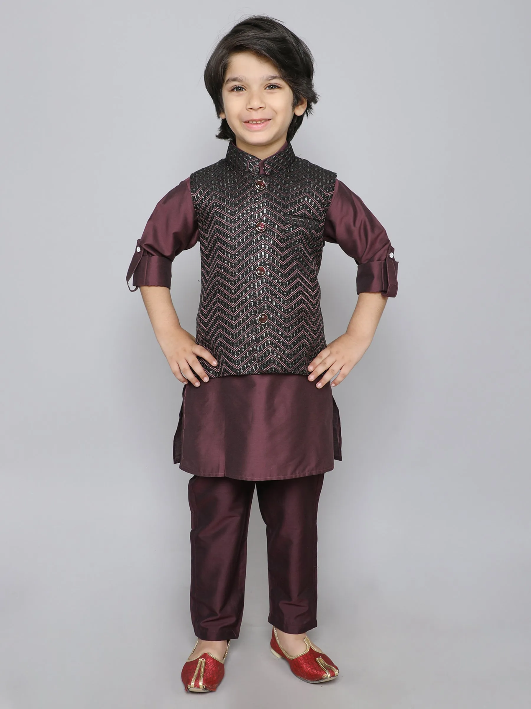 Ministitch Kurta set with woven Sequence embriodered button up jacket- Wine
