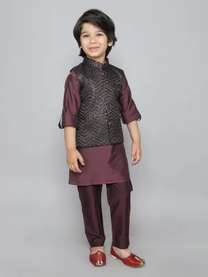 Ministitch Kurta set with woven Sequence embriodered button up jacket- Wine