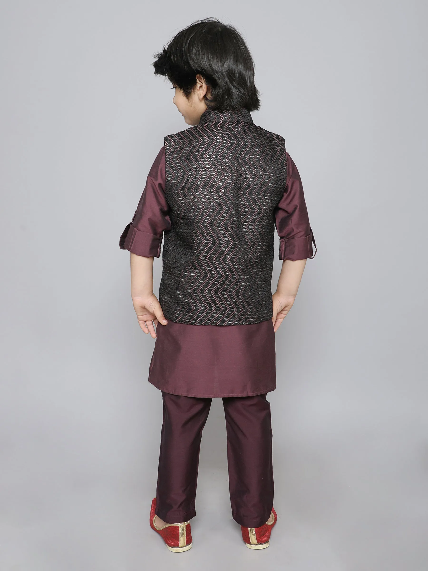 Ministitch Kurta set with woven Sequence embriodered button up jacket- Wine