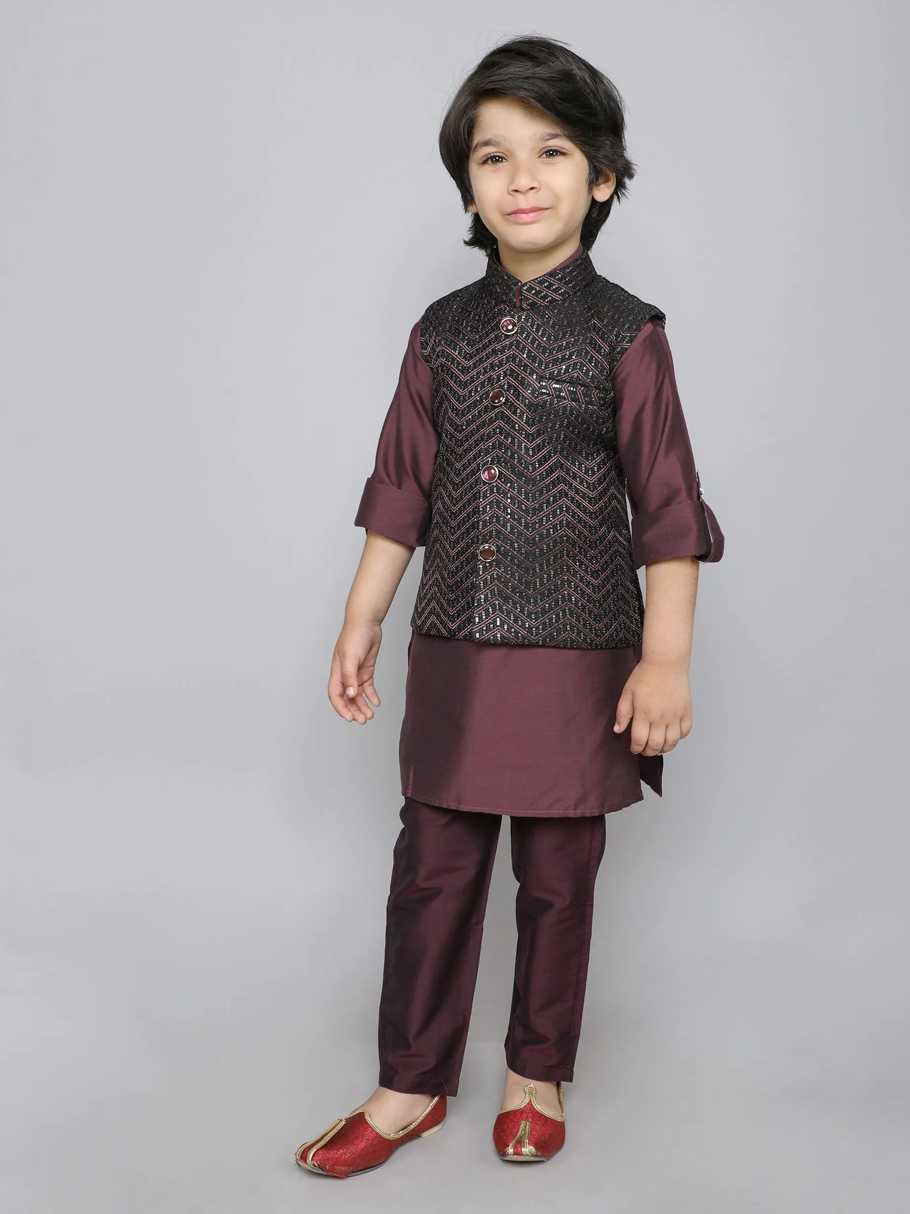 Ministitch Kurta set with woven Sequence embriodered button up jacket- Wine