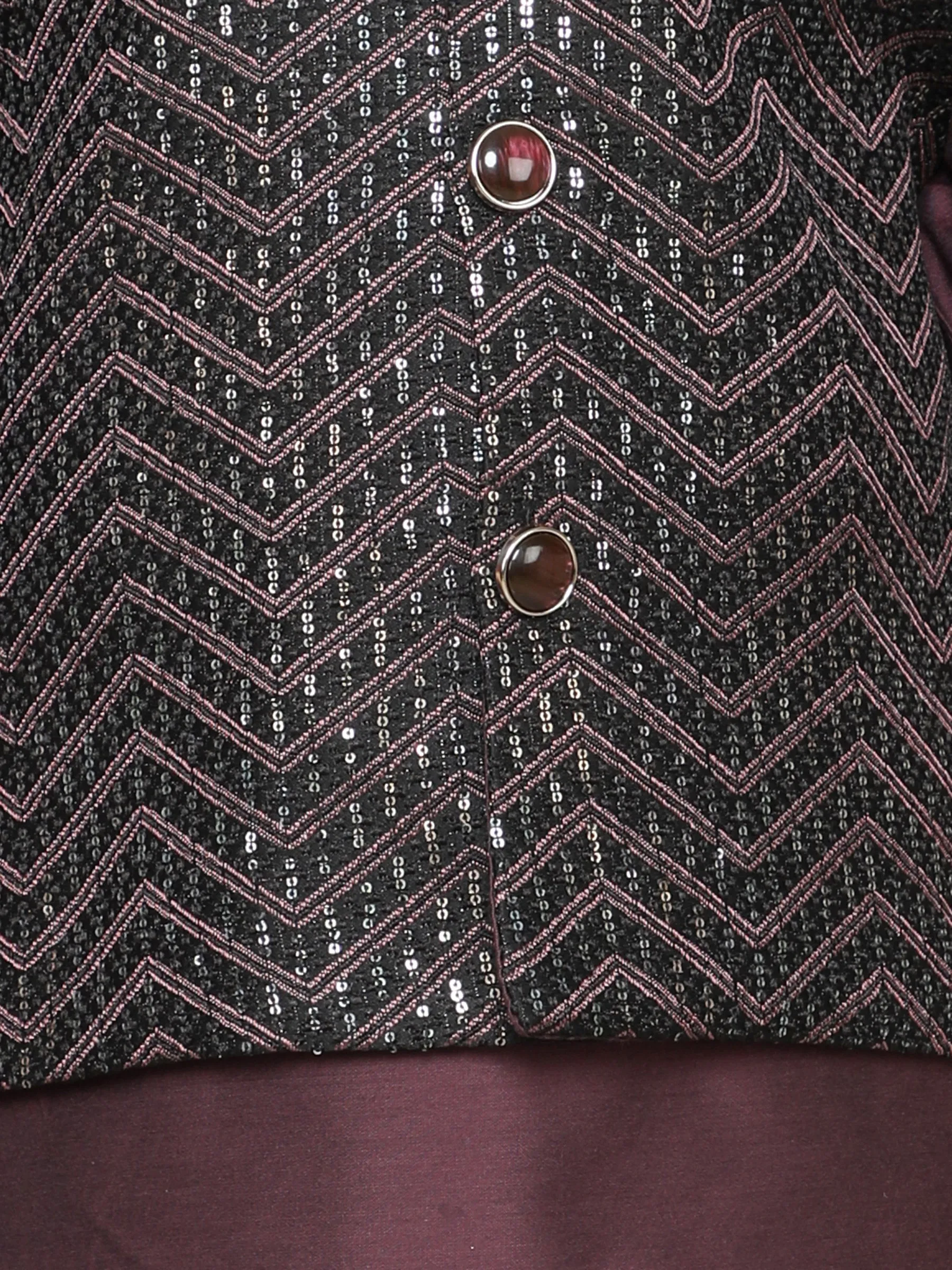 Ministitch Kurta set with woven Sequence embriodered button up jacket- Wine