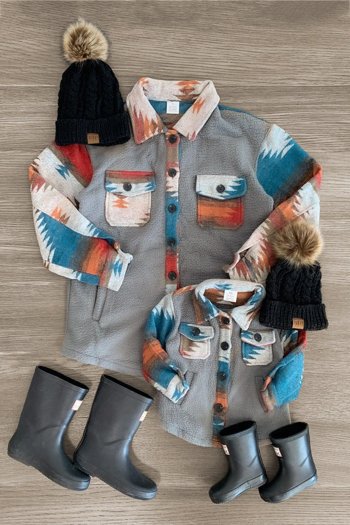 Mom & Me - Gray Southwestern Sherpa Shacket
