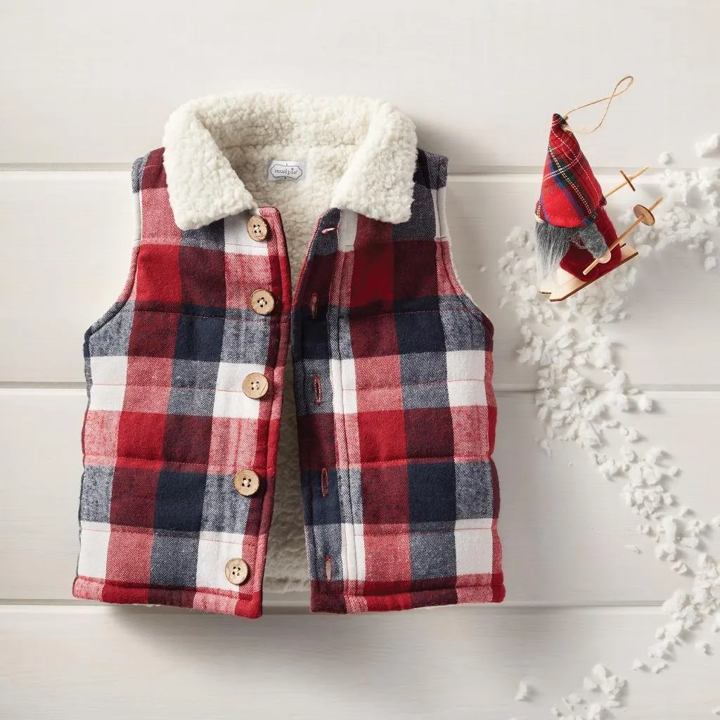 Mud Pie Kids Alpine Village Tri-Color Buffalo Check Vest with Sherpa Fleece