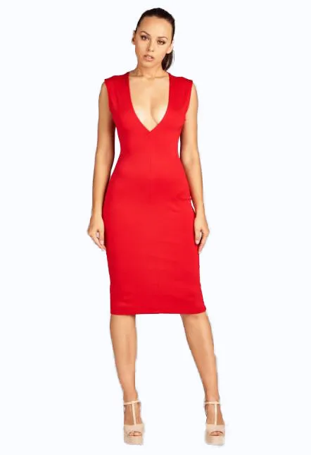 Nude-Taupe Open Back Bodycon Midi Dress