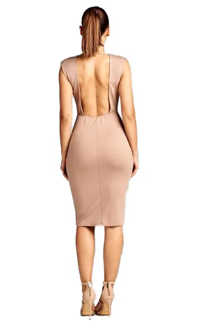 Nude-Taupe Open Back Bodycon Midi Dress
