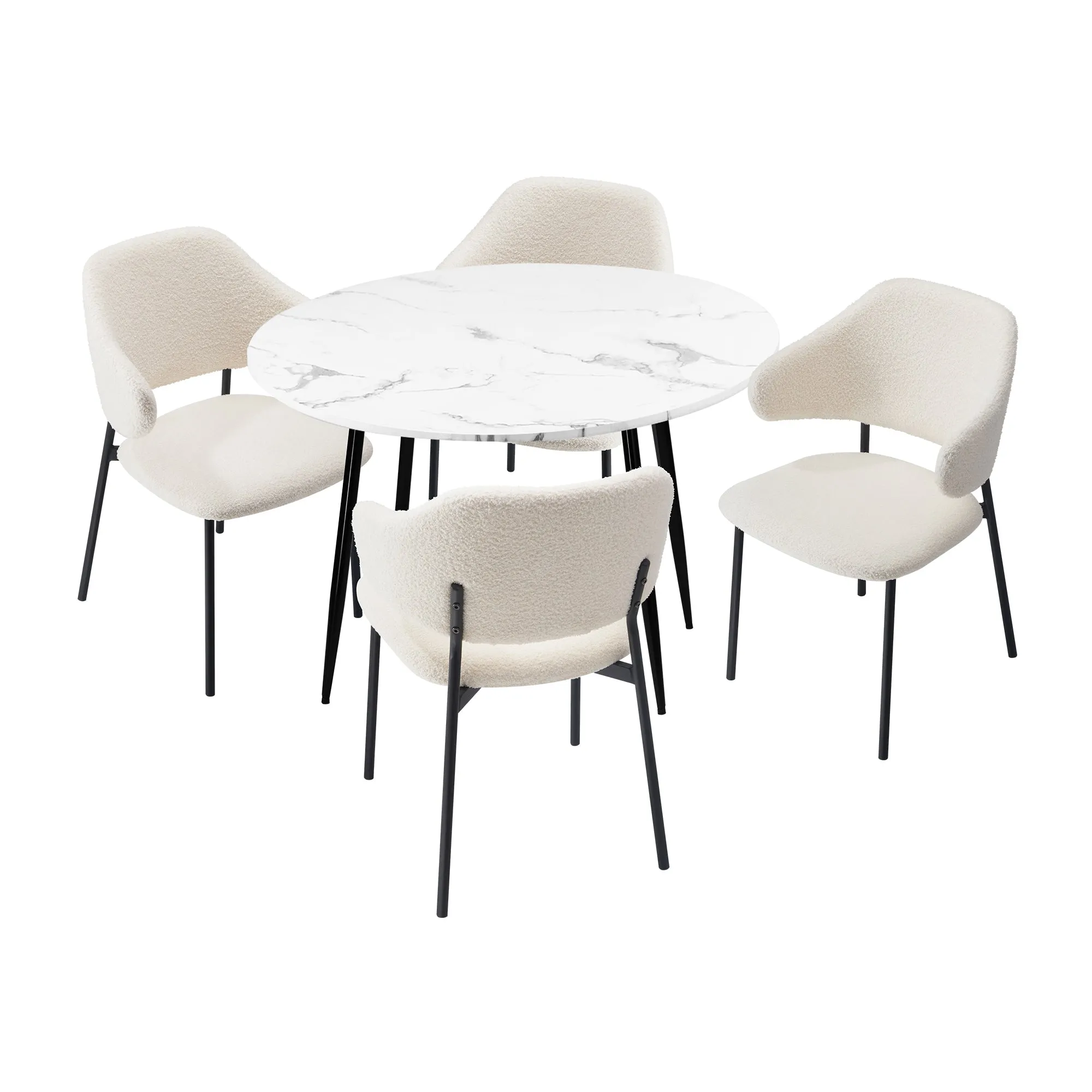 Oikiture 110cm Round Dining Table with 4PCS Dining Chairs Accent Sherpa White