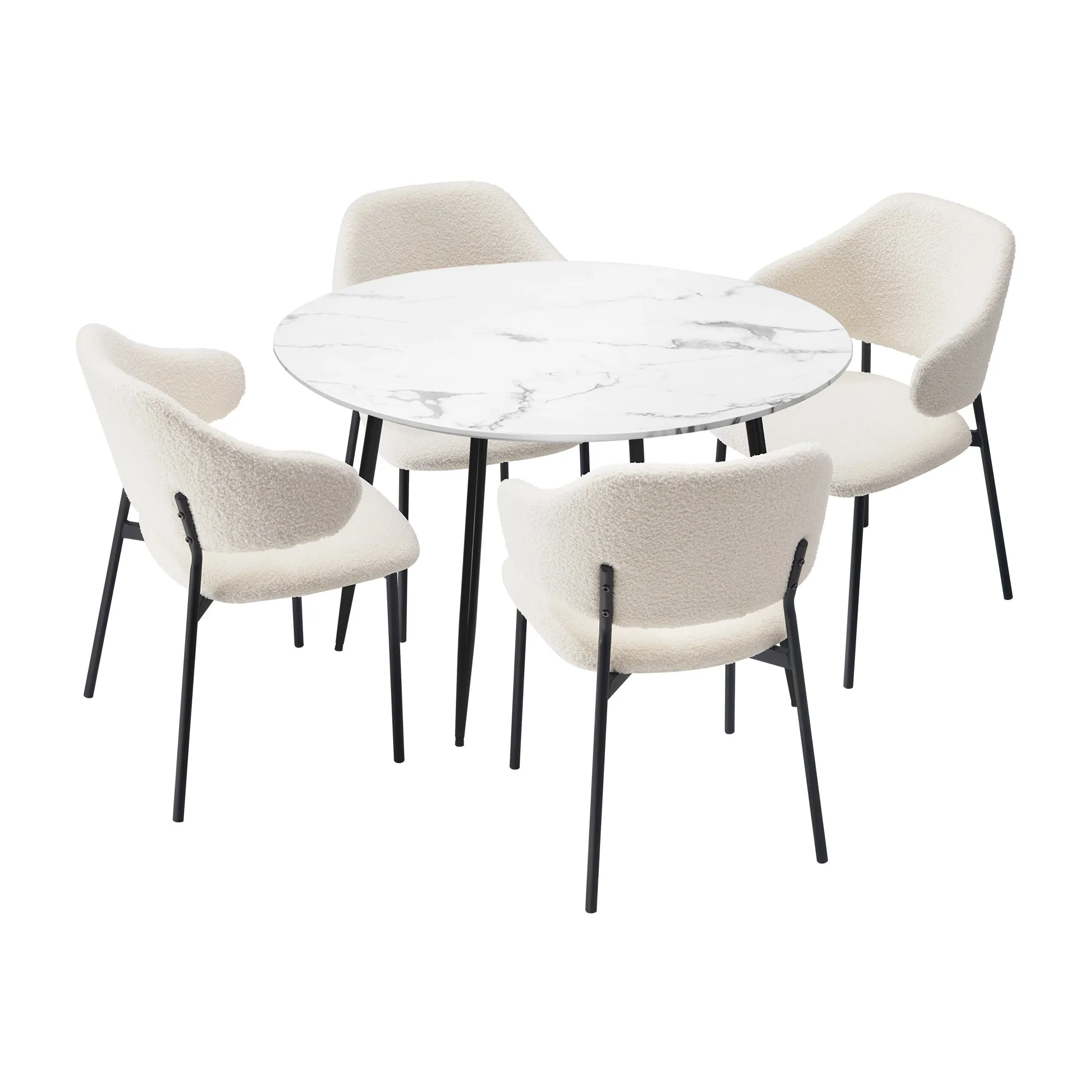 Oikiture 110cm Round Dining Table with 4PCS Dining Chairs Accent Sherpa White