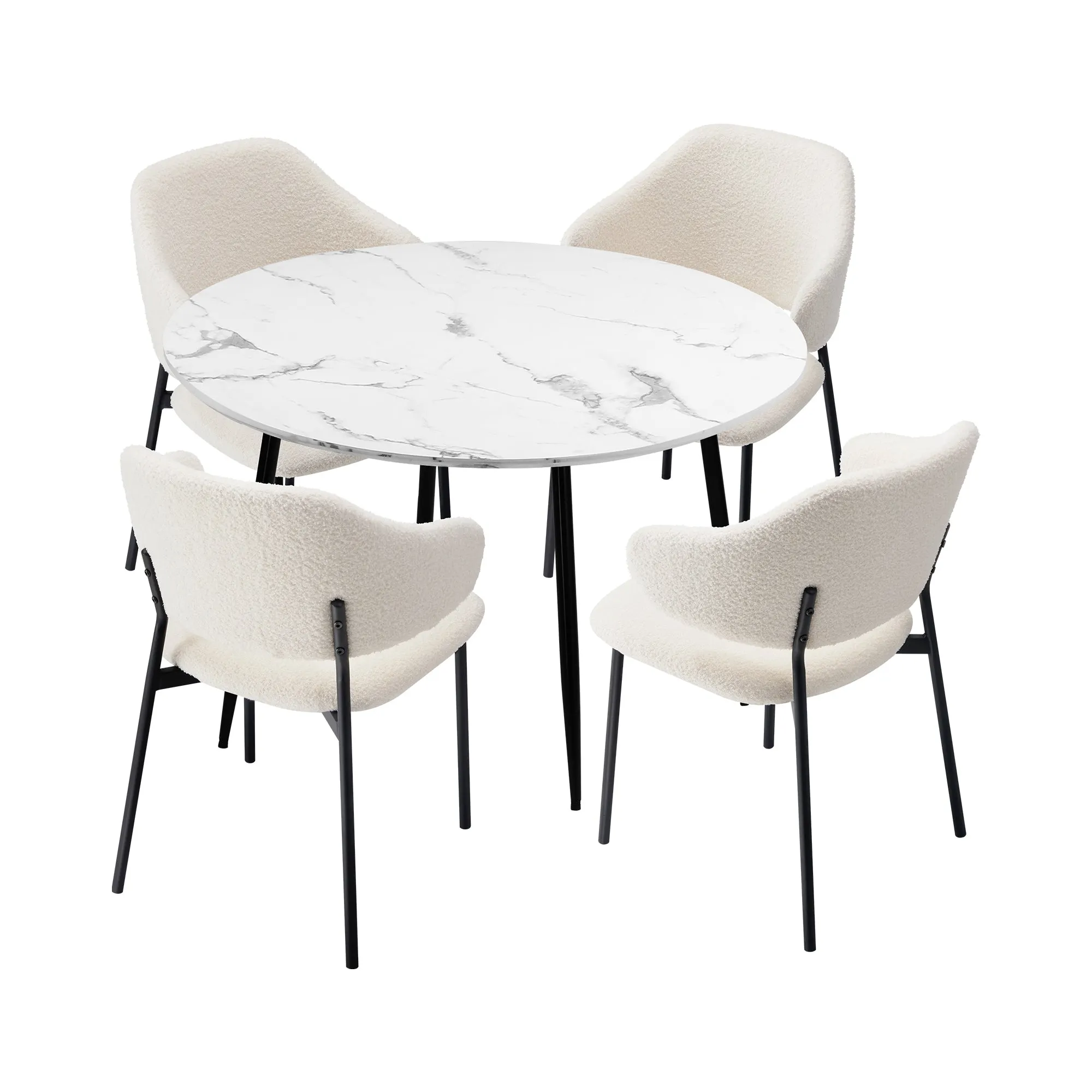 Oikiture 110cm Round Dining Table with 4PCS Dining Chairs Accent Sherpa White