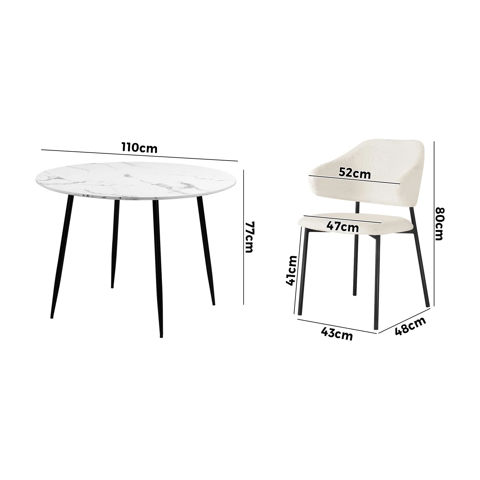 Oikiture 110cm Round Dining Table with 4PCS Dining Chairs Accent Sherpa White