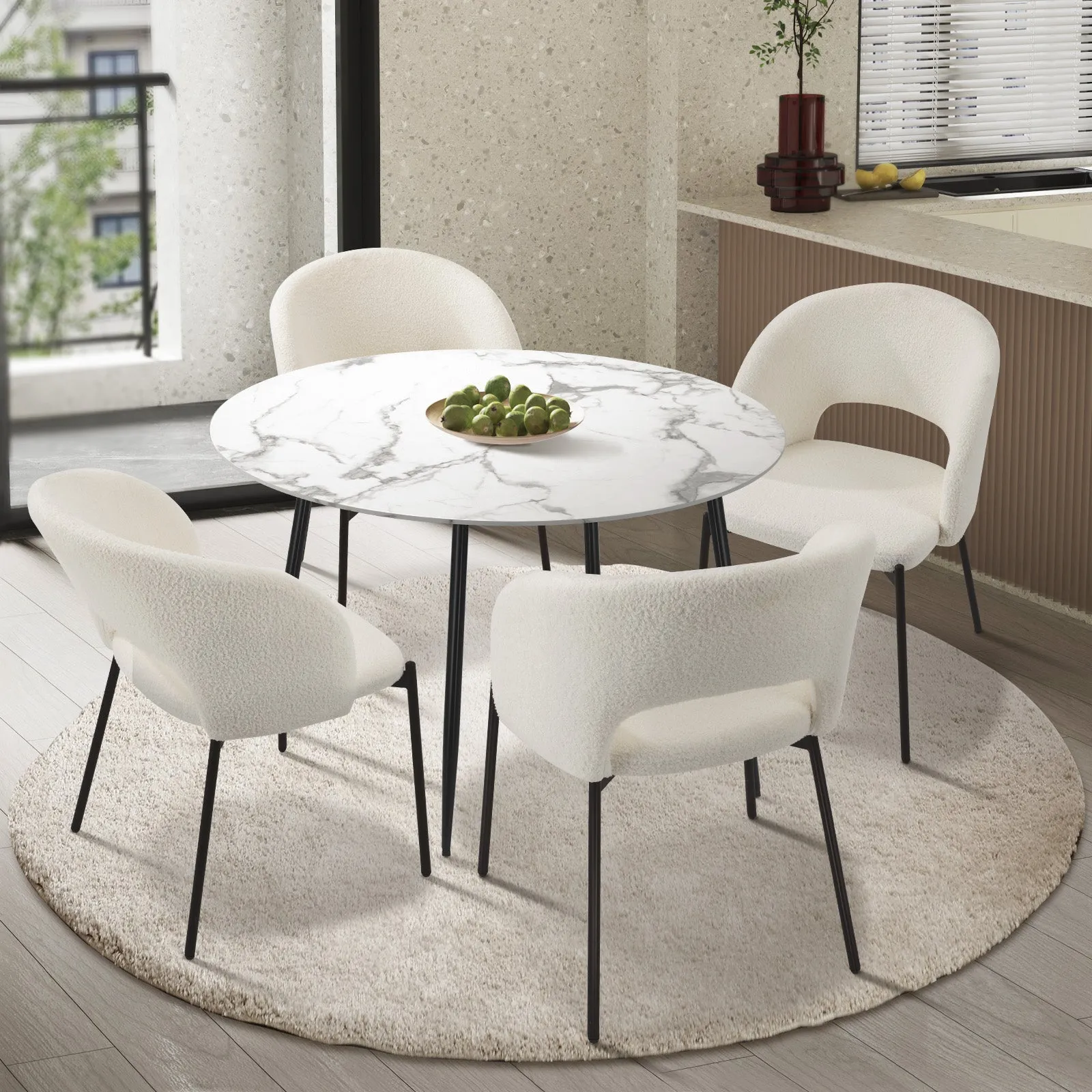 Oikiture 110cm Round Dining Table with 4PCS Dining Chairs Sherpa White