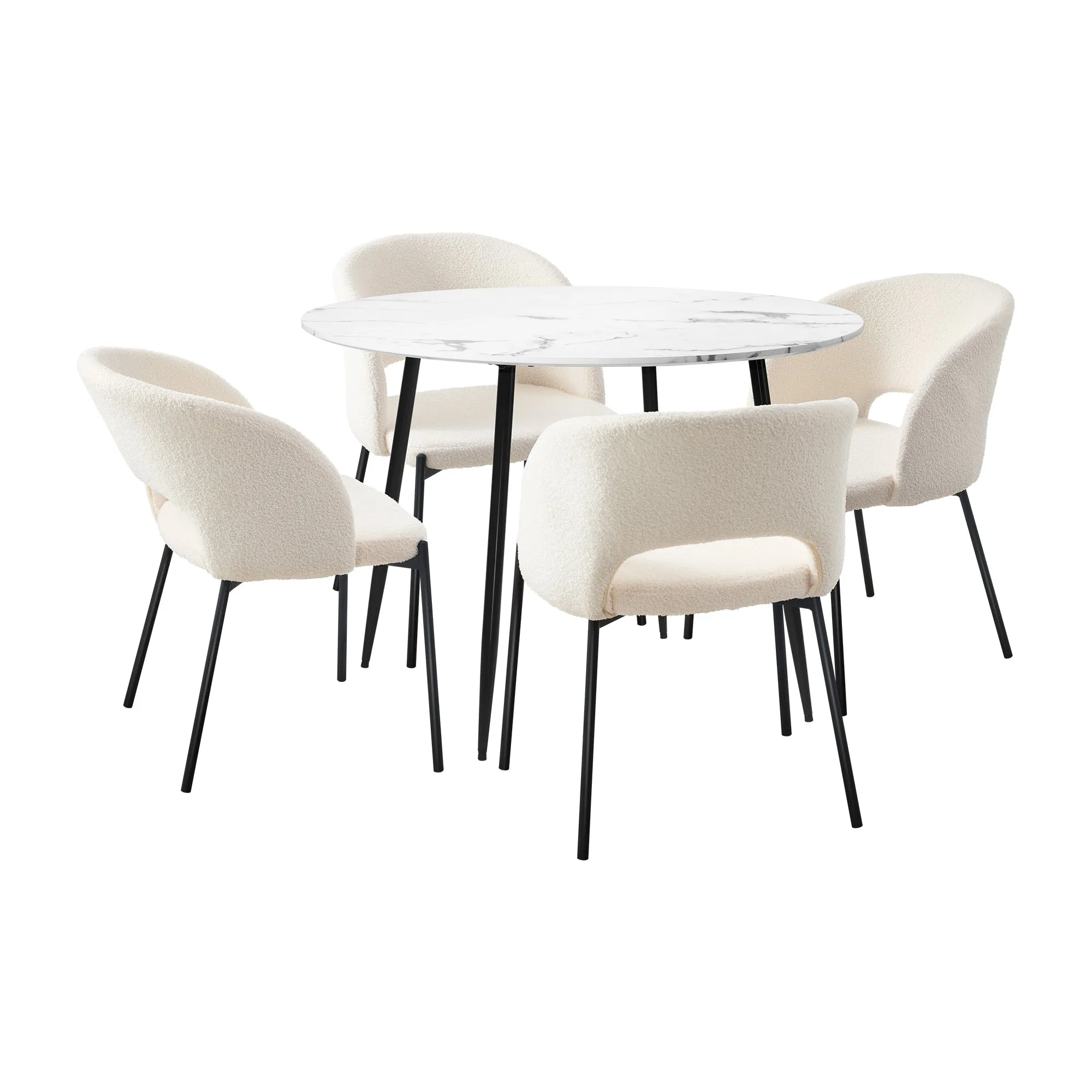Oikiture 110cm Round Dining Table with 4PCS Dining Chairs Sherpa White