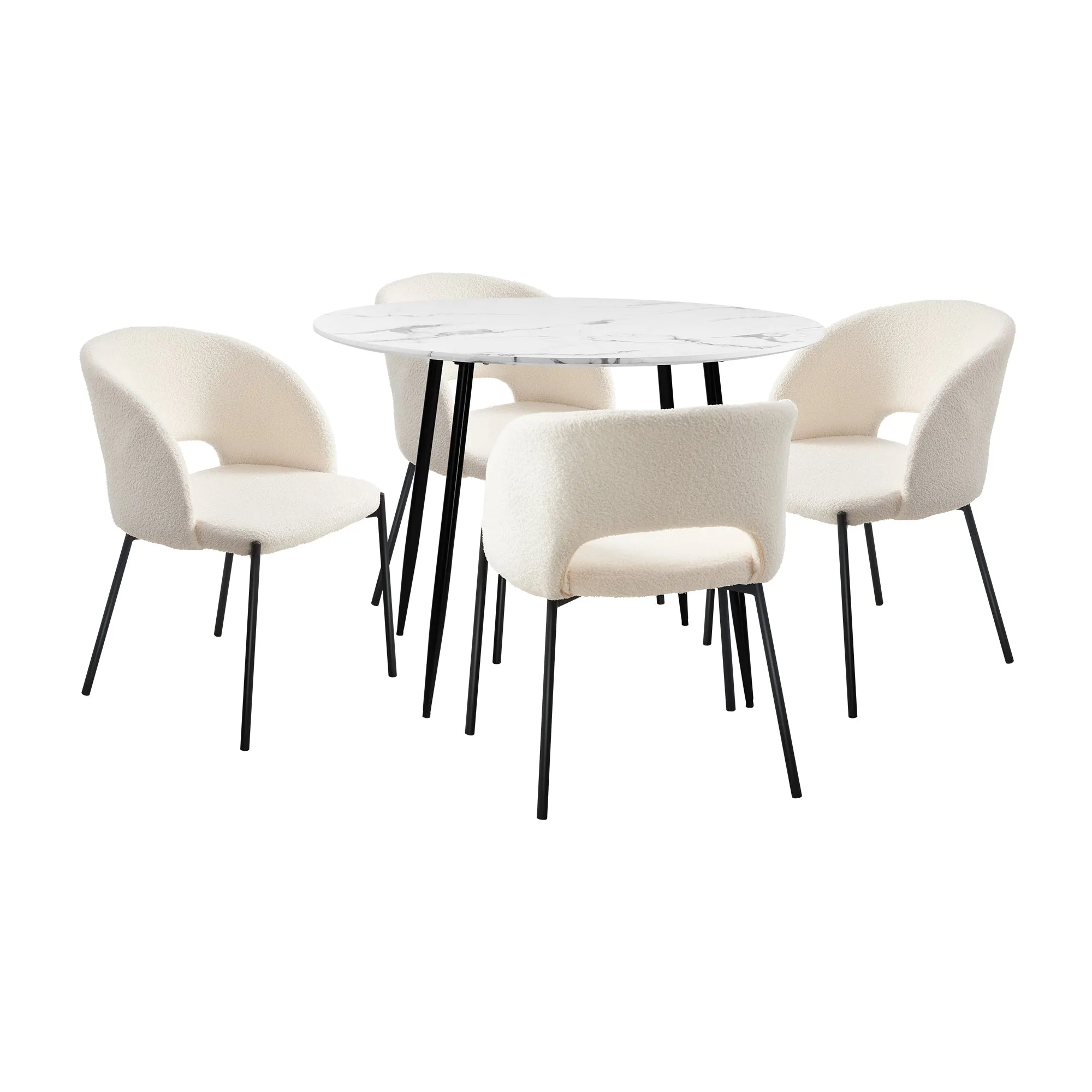Oikiture 110cm Round Dining Table with 4PCS Dining Chairs Sherpa White