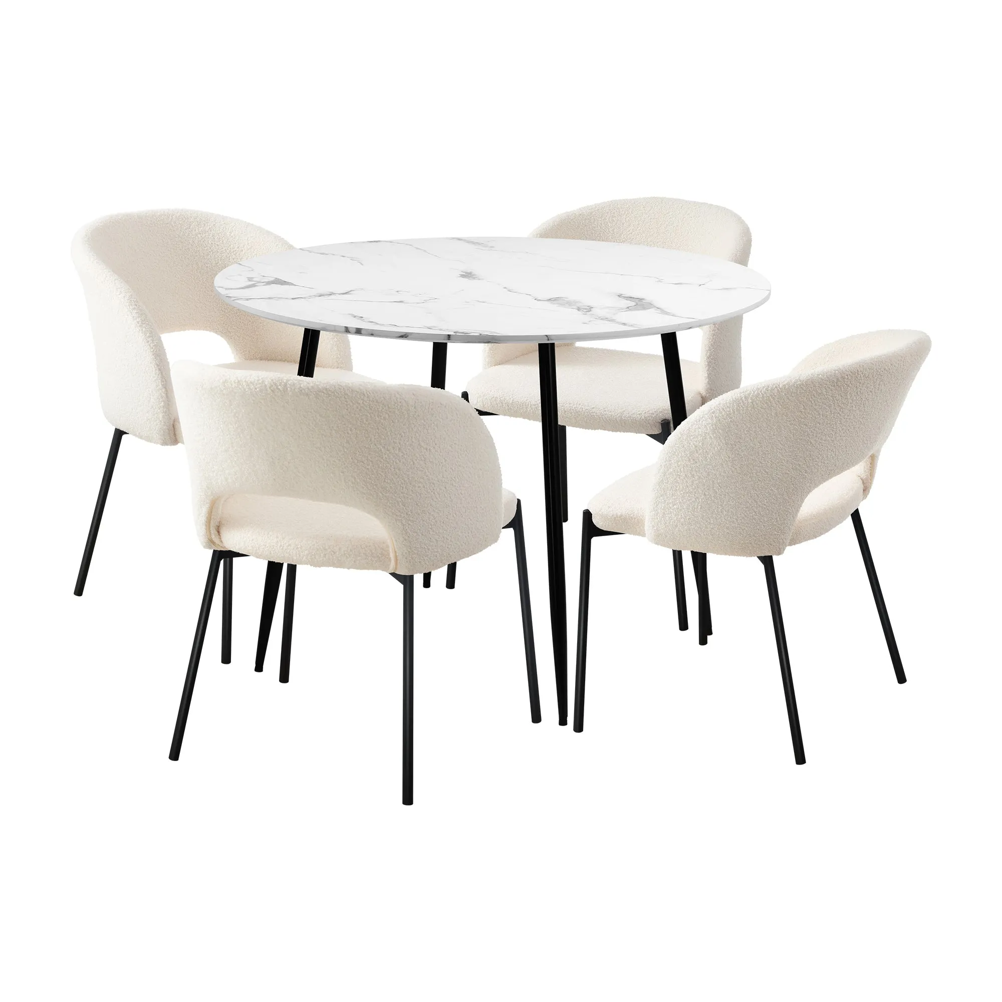 Oikiture 110cm Round Dining Table with 4PCS Dining Chairs Sherpa White