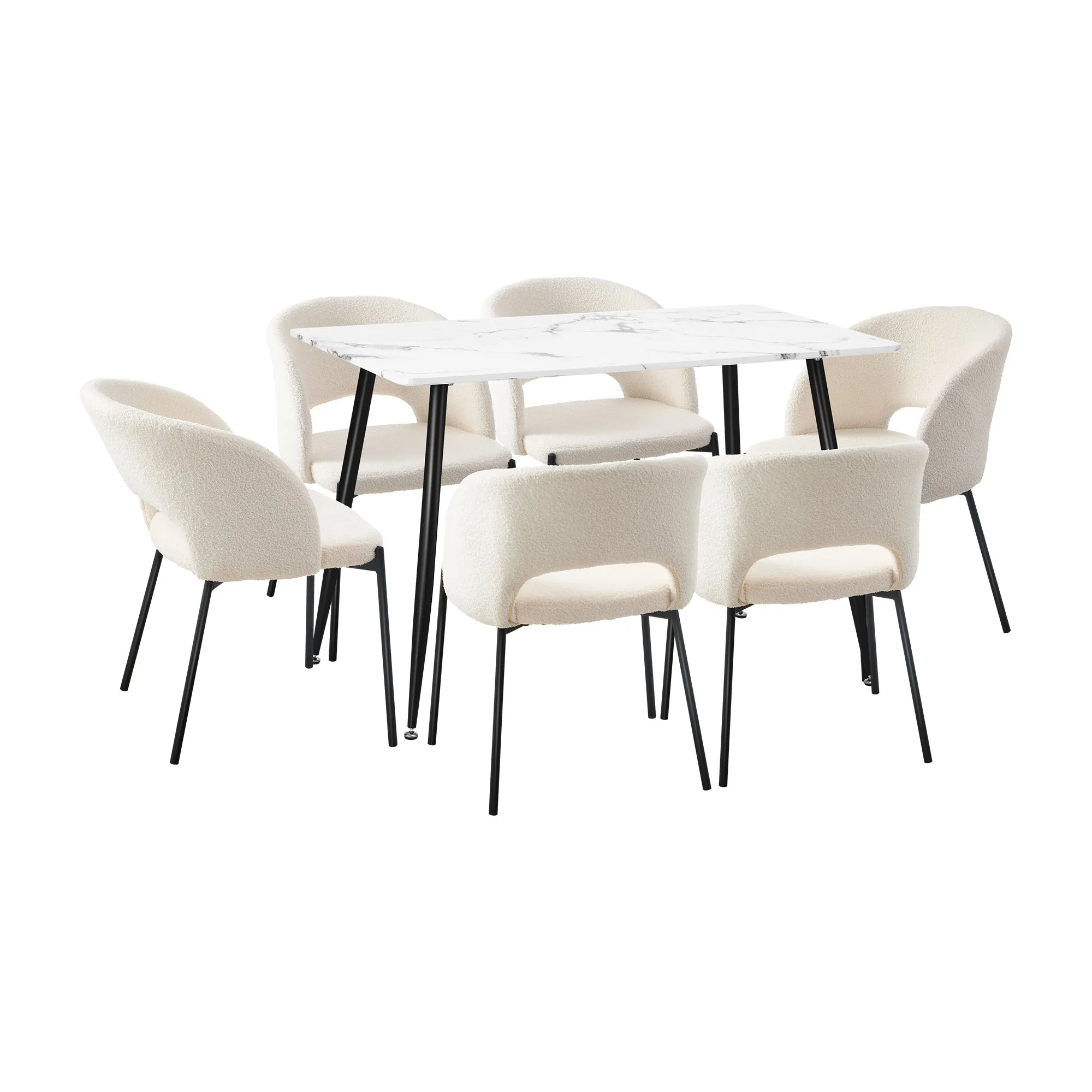 Oikiture 120cm Rectangle Dining Table with 6PCS Dining Chairs Sherpa White