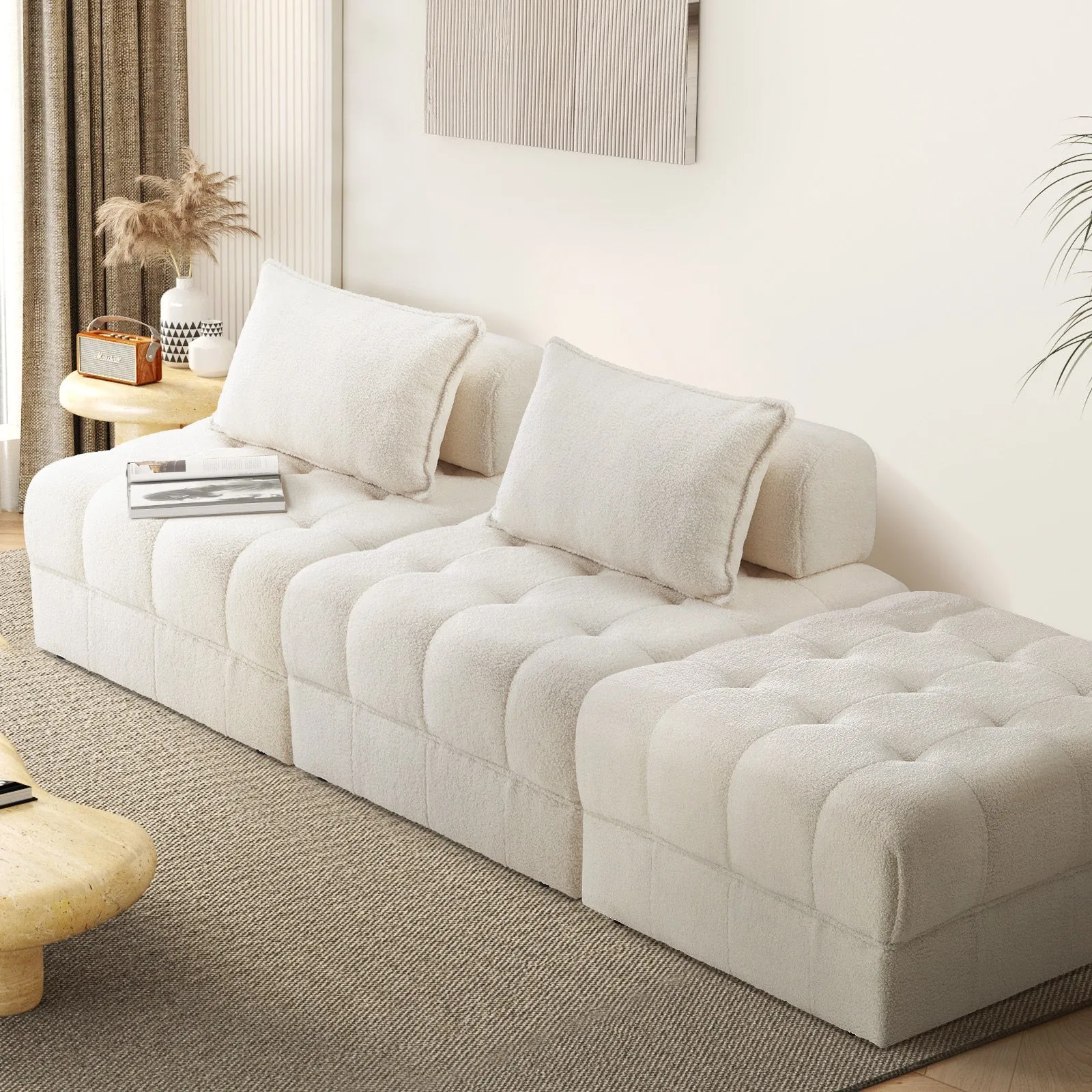 Oikiture 3 Seater Boucle Modular Sofa & Ottoman Set Armless TOFU Back White