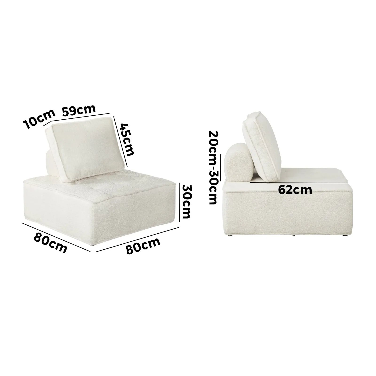 Oikiture 3PCS Modular Sofa Lounge Chair Armless Adjustable Back Sherpa White