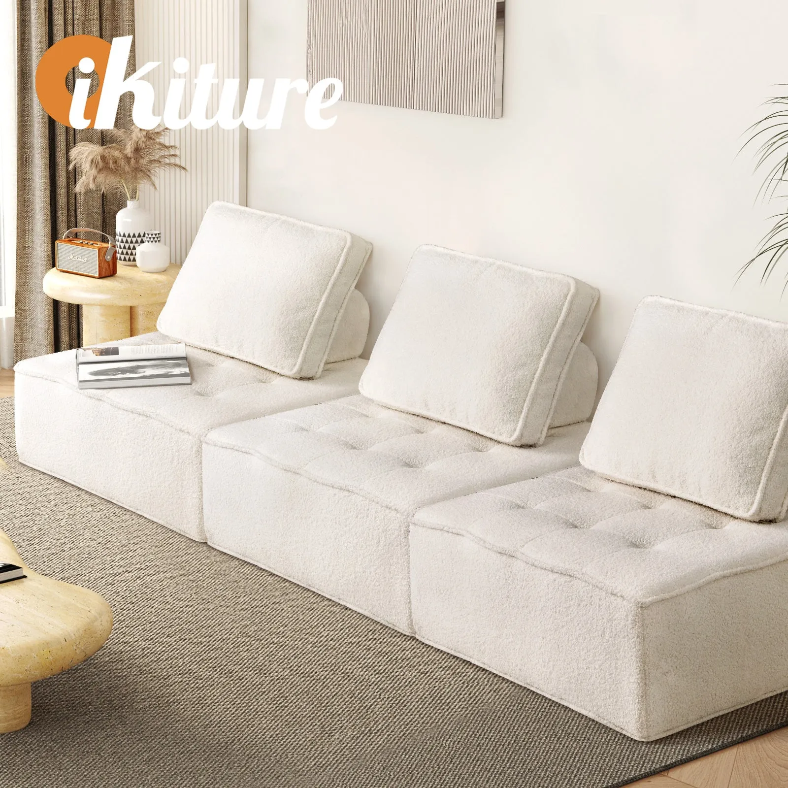 Oikiture 3PCS Modular Sofa Lounge Chair Armless Adjustable Back Sherpa White