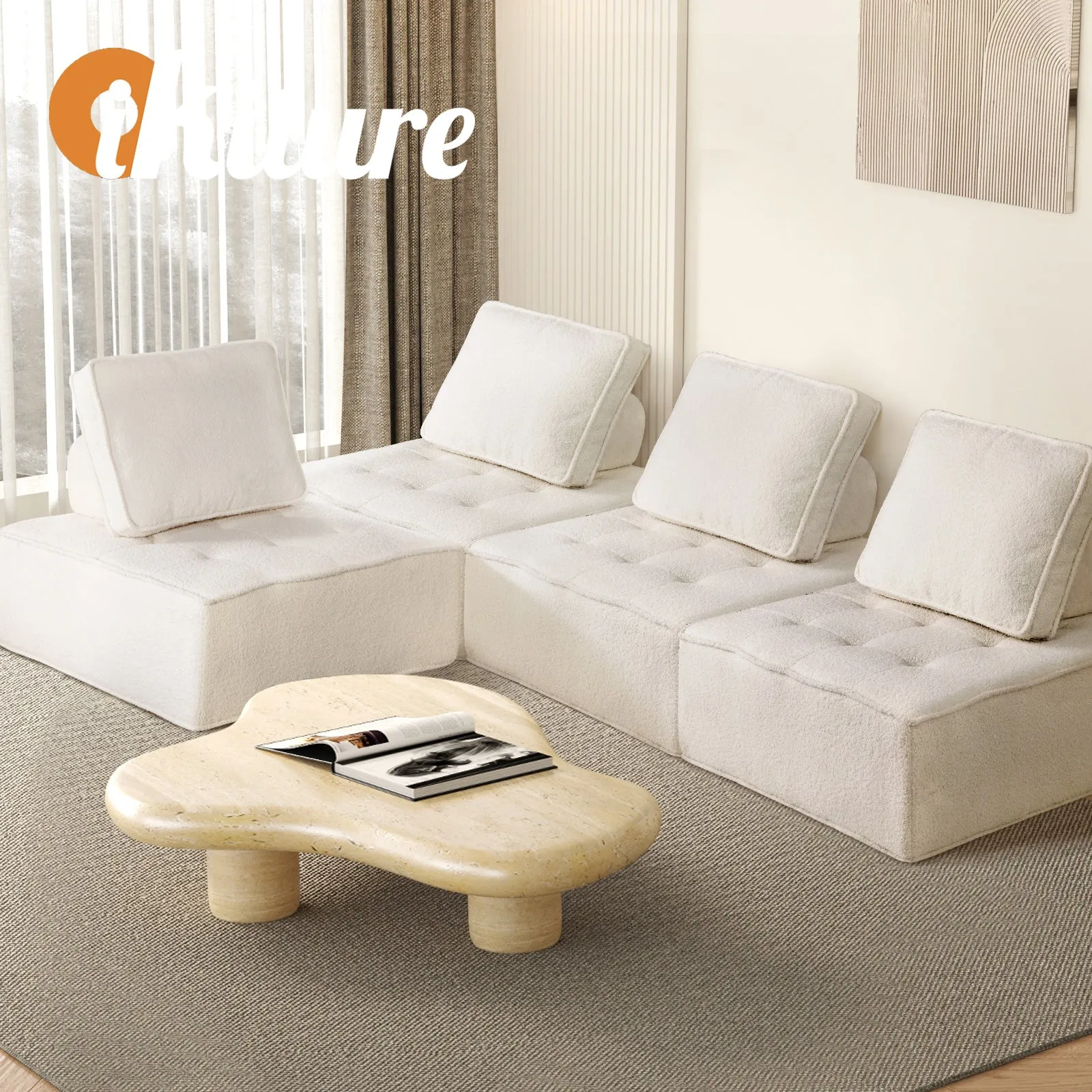 Oikiture 4PCS Modular Sofa Lounge Chair Armless Adjustable Back Sherpa White