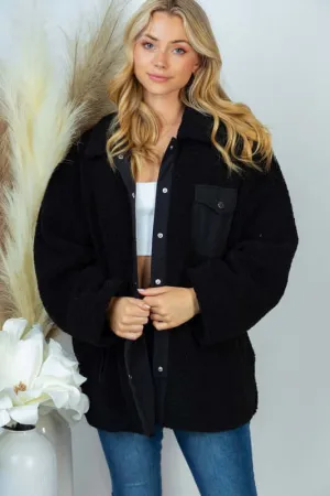 Plus Size Solid Woven Sherpa Jacket
