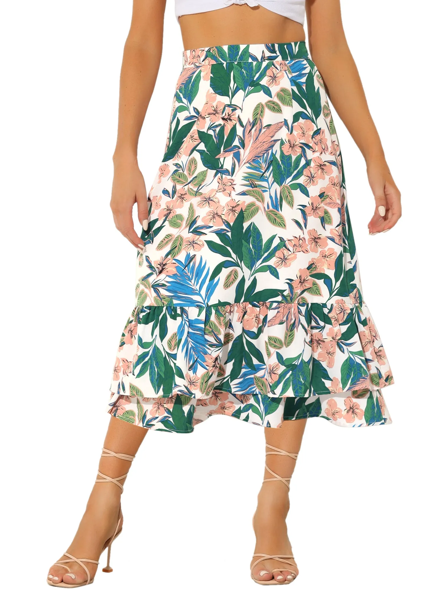 Printed Chiffon Elastic Waist Ruffle Tiered Flowy Midi Skirt