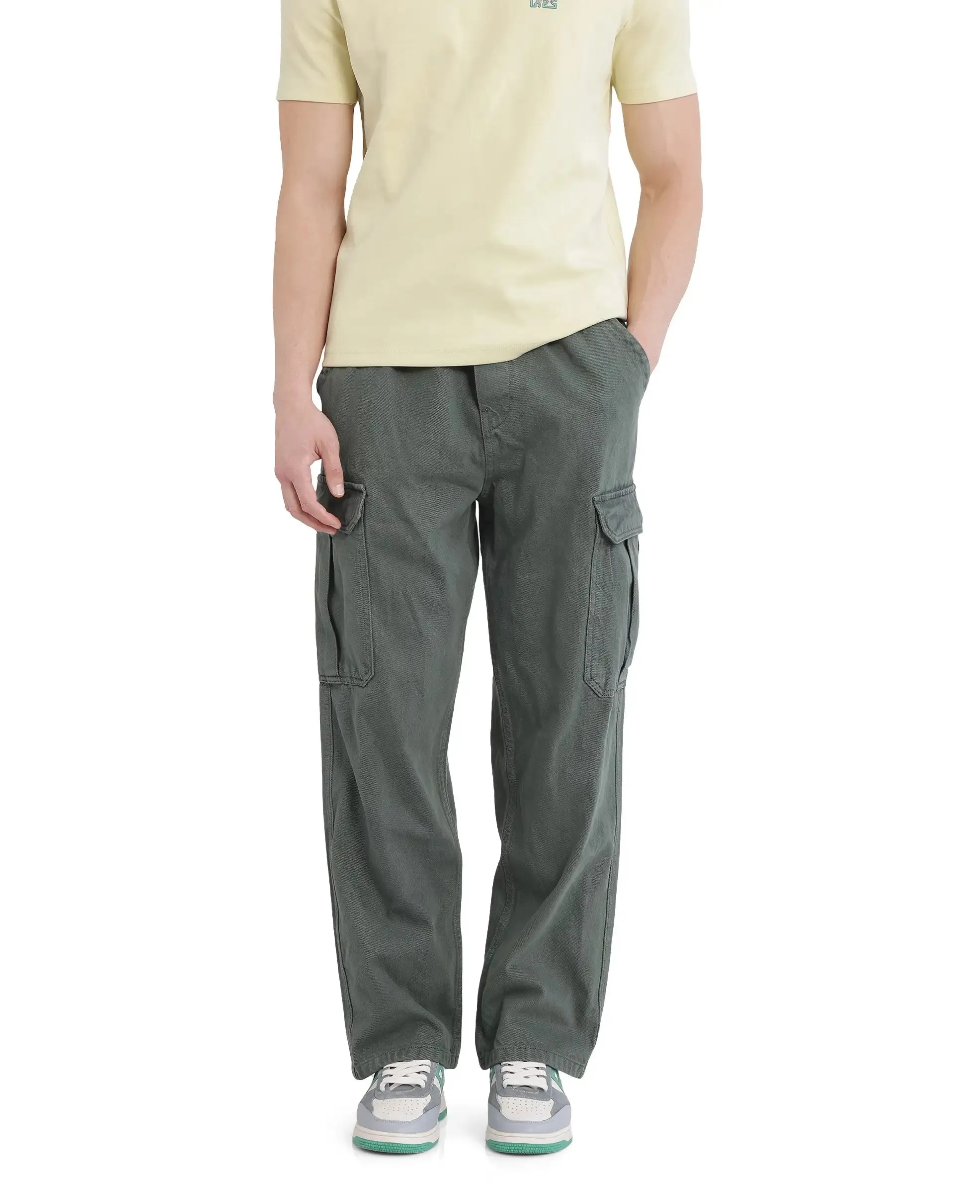 Rare Rabbit Men Hork Green Cotton Fabric Elastic Waistband Multi Pocket Baggy Fit Cargo Style Jeans