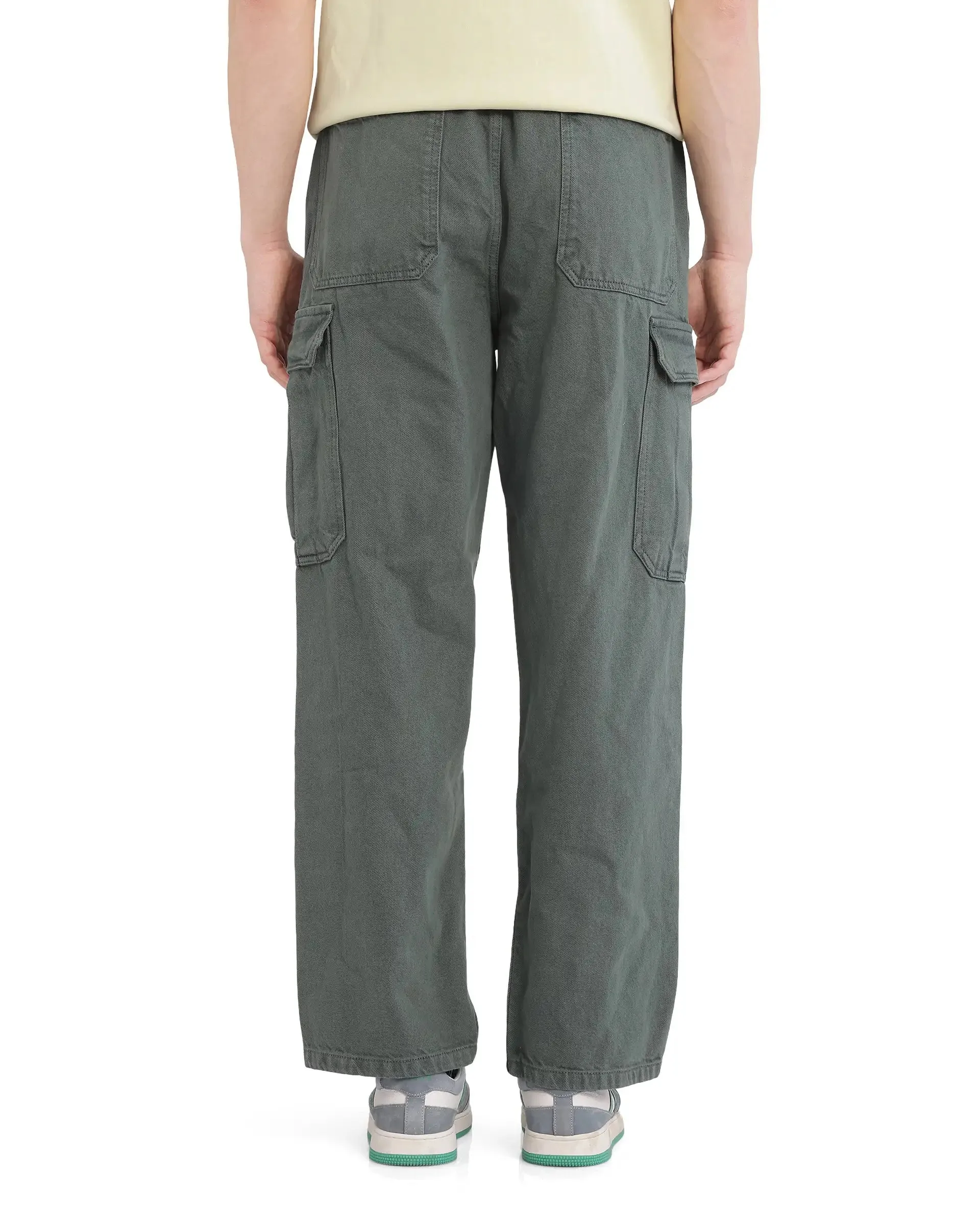 Rare Rabbit Men Hork Green Cotton Fabric Elastic Waistband Multi Pocket Baggy Fit Cargo Style Jeans