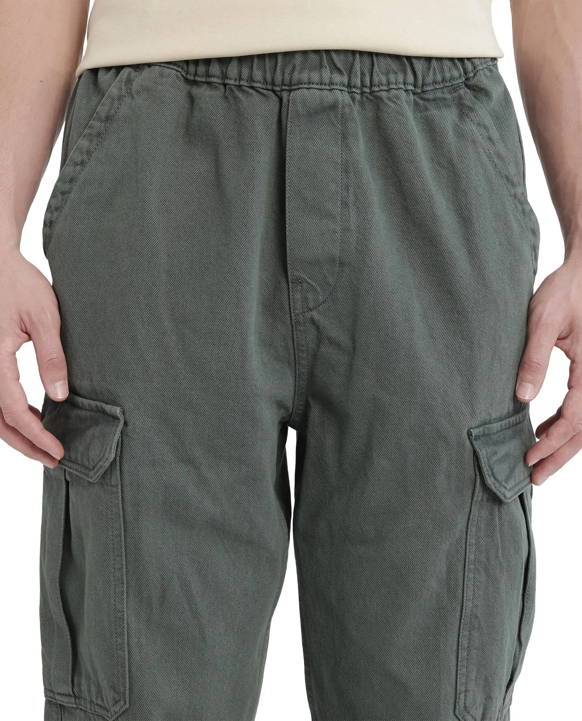 Rare Rabbit Men Hork Green Cotton Fabric Elastic Waistband Multi Pocket Baggy Fit Cargo Style Jeans