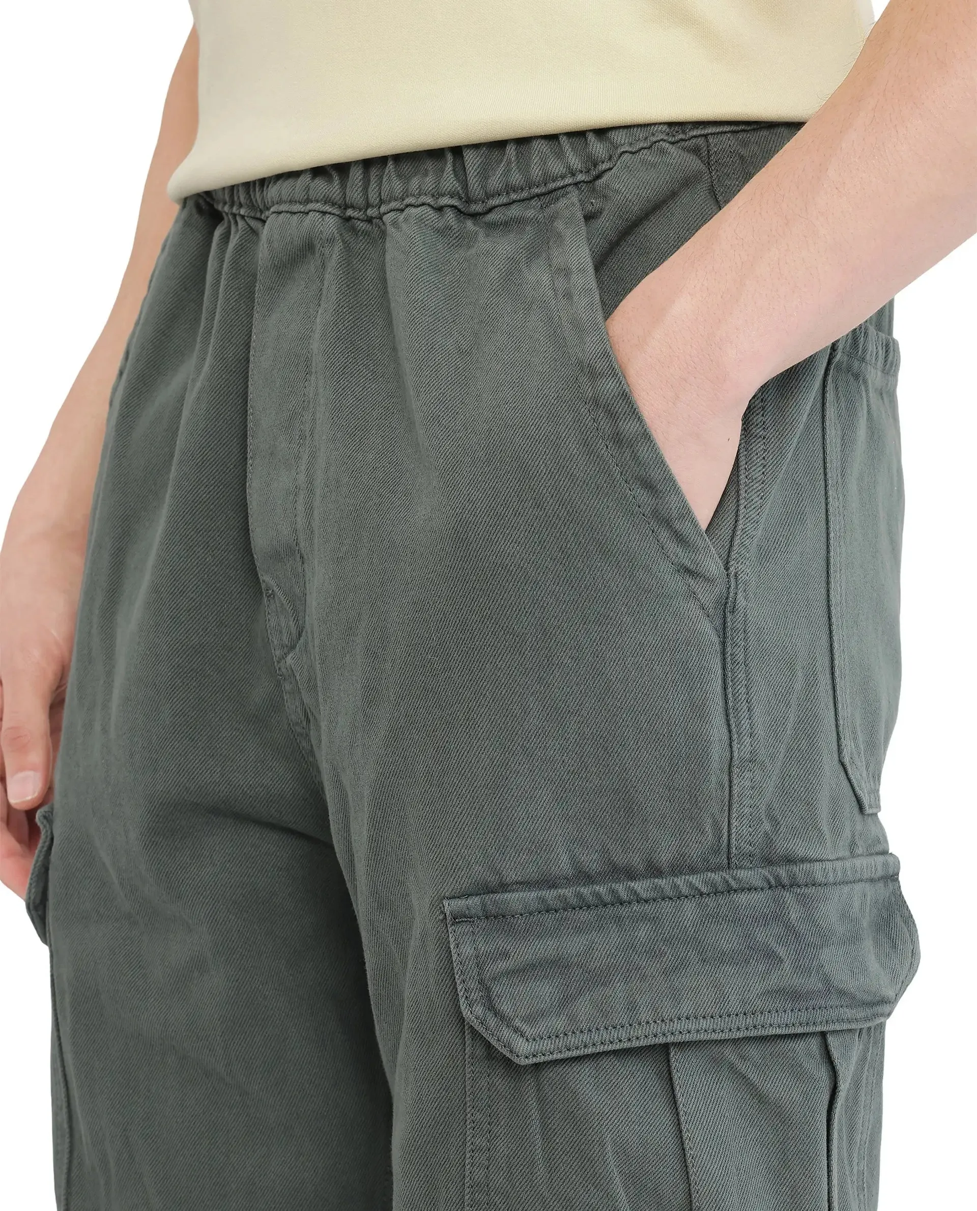 Rare Rabbit Men Hork Green Cotton Fabric Elastic Waistband Multi Pocket Baggy Fit Cargo Style Jeans