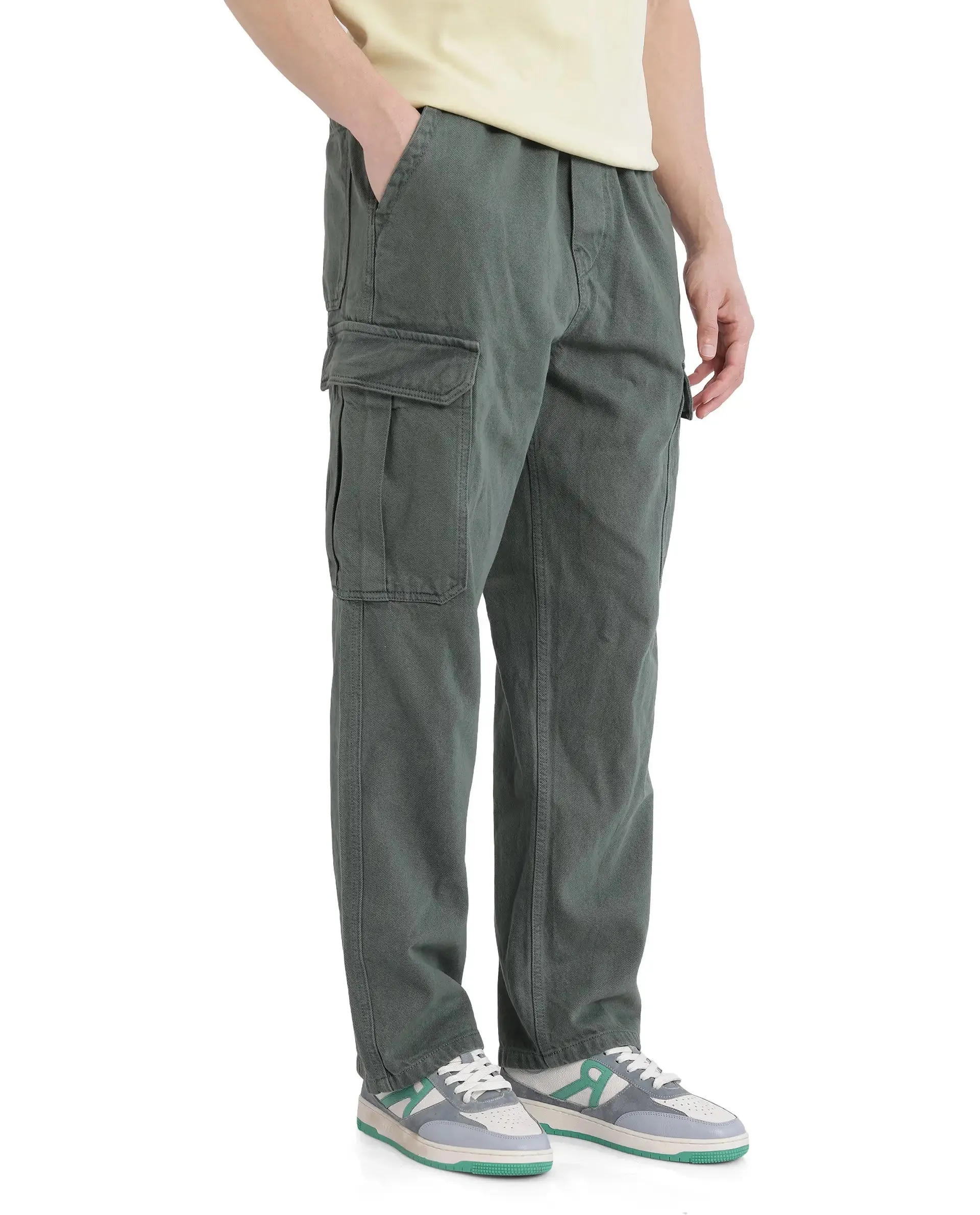 Rare Rabbit Men Hork Green Cotton Fabric Elastic Waistband Multi Pocket Baggy Fit Cargo Style Jeans