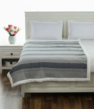 Regular Stripe Grey Natural Cotton Knitted Single Bed Blanket layered with Warm Sherpa Fabric