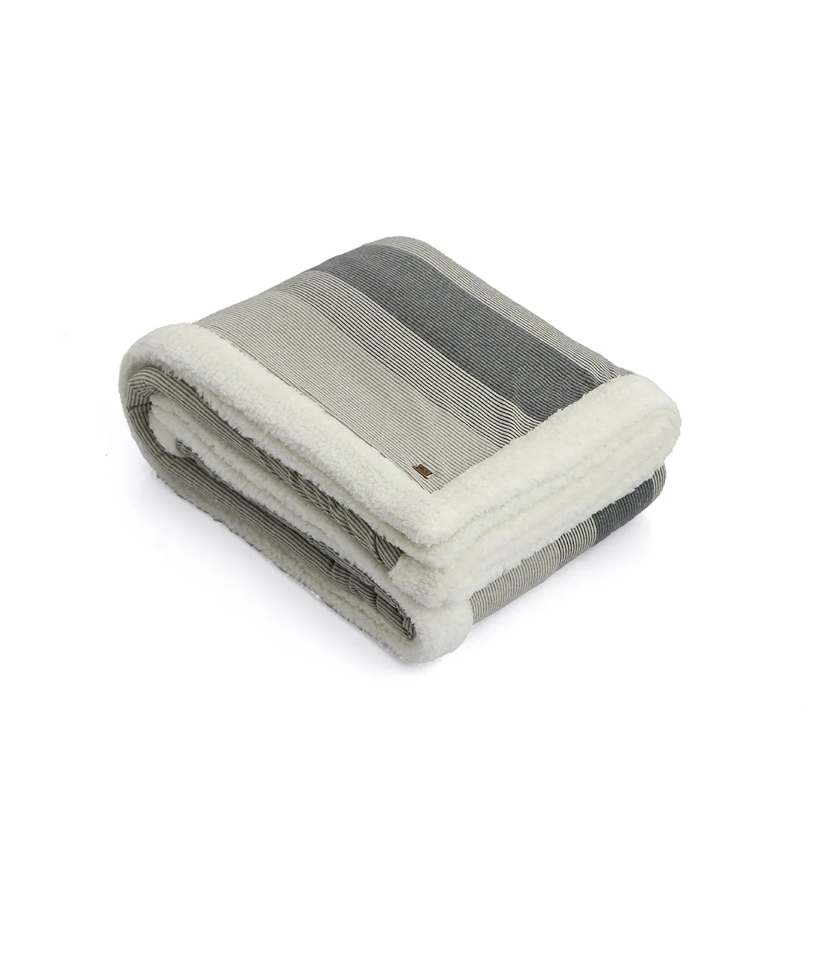 Regular Stripe Grey Natural Cotton Knitted Single Bed Blanket layered with Warm Sherpa Fabric