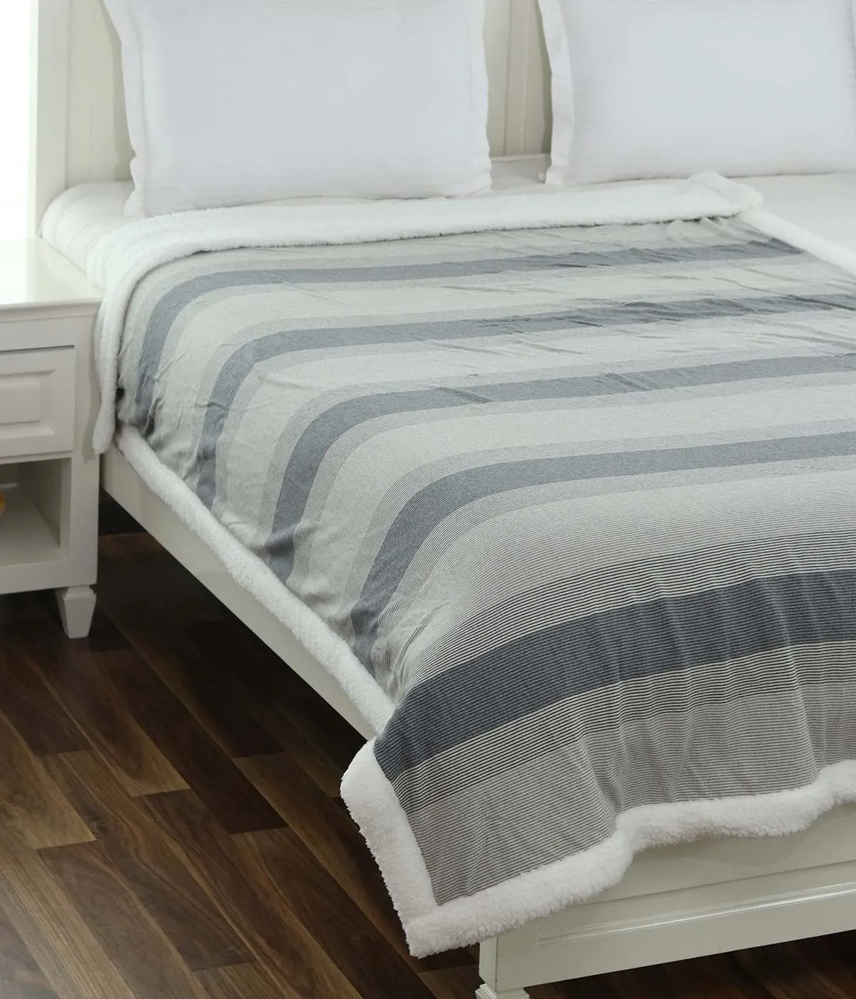 Regular Stripe Grey Natural Cotton Knitted Single Bed Blanket layered with Warm Sherpa Fabric