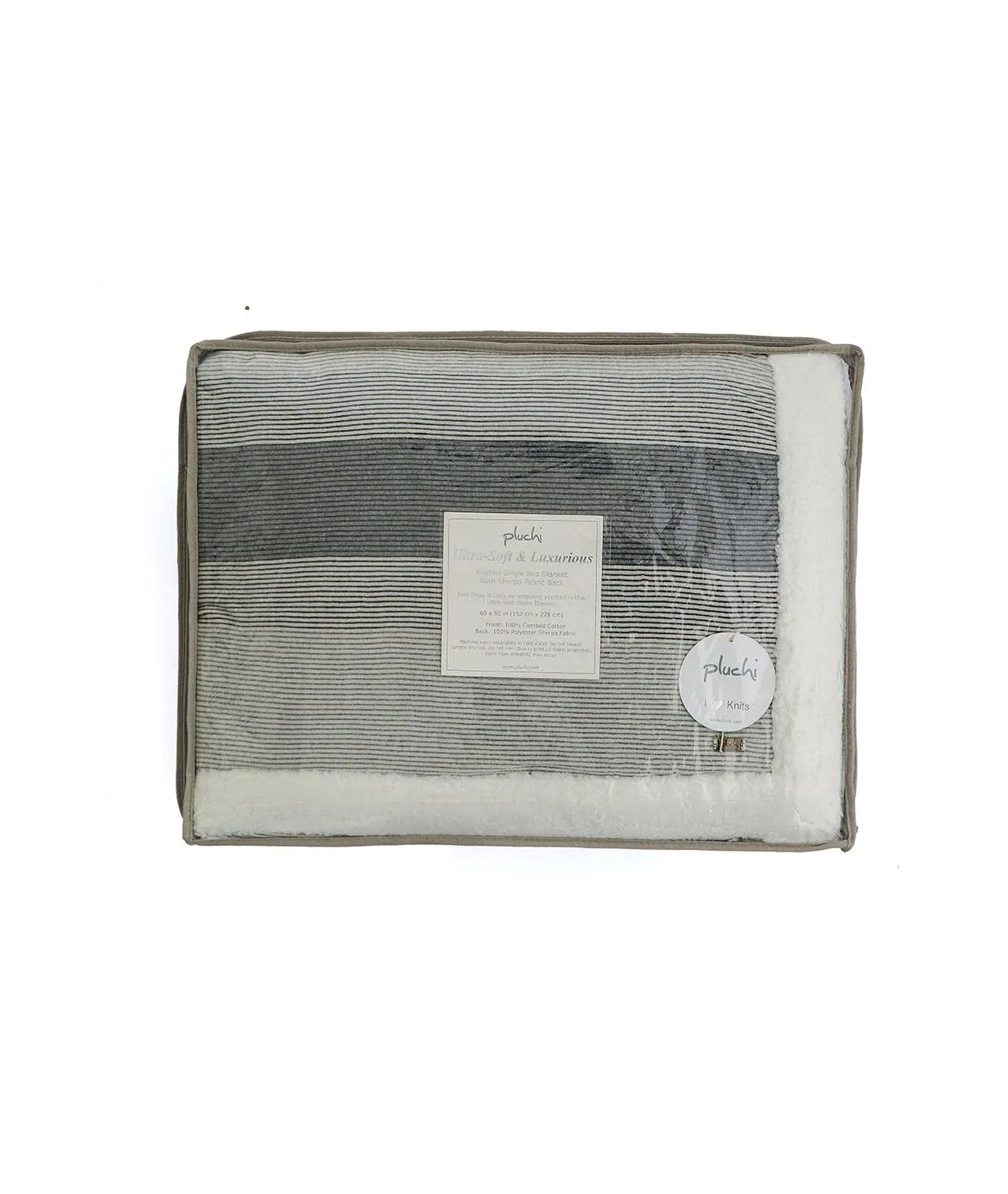 Regular Stripe Grey Natural Cotton Knitted Single Bed Blanket layered with Warm Sherpa Fabric