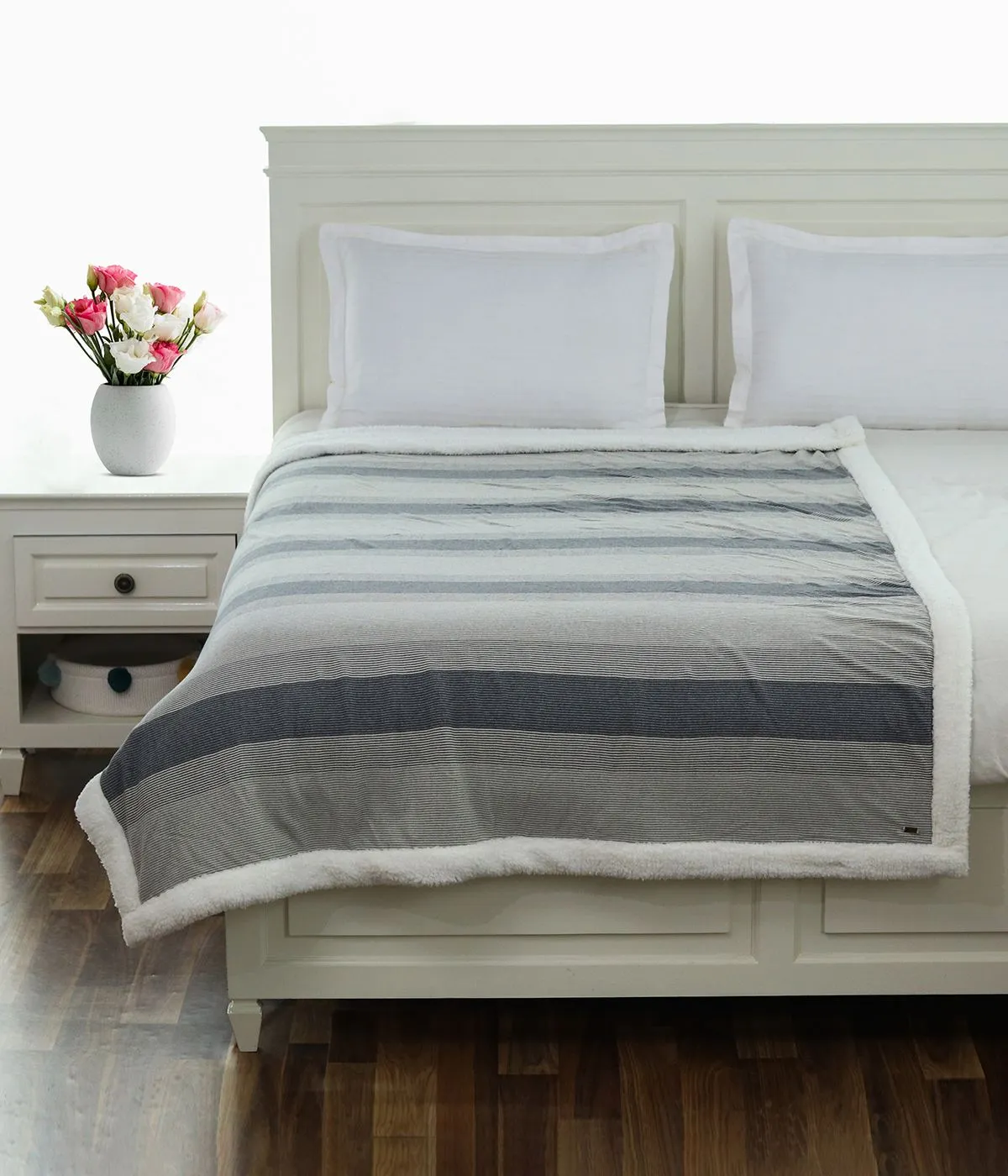 Regular Stripe Grey Natural Cotton Knitted Single Bed Blanket layered with Warm Sherpa Fabric