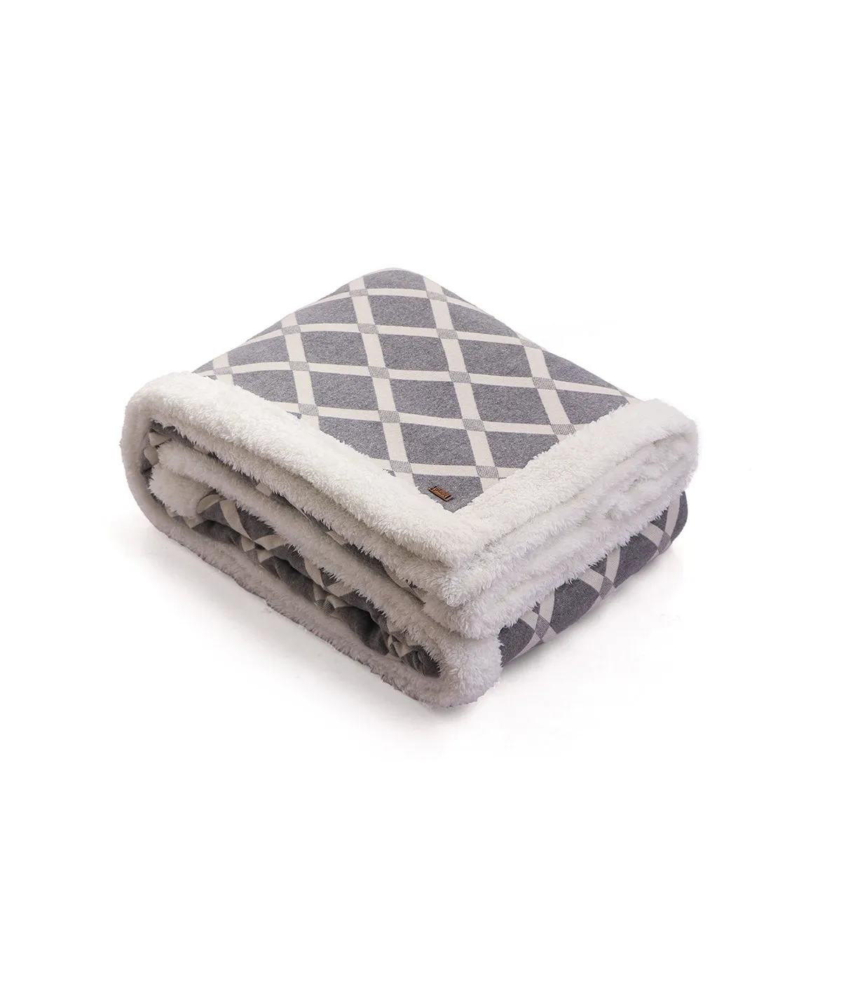 Rohmbus Medium Grey & Natural Cotton Knitted Single Bed Blanket layered with Warm Sherpa Fabric
