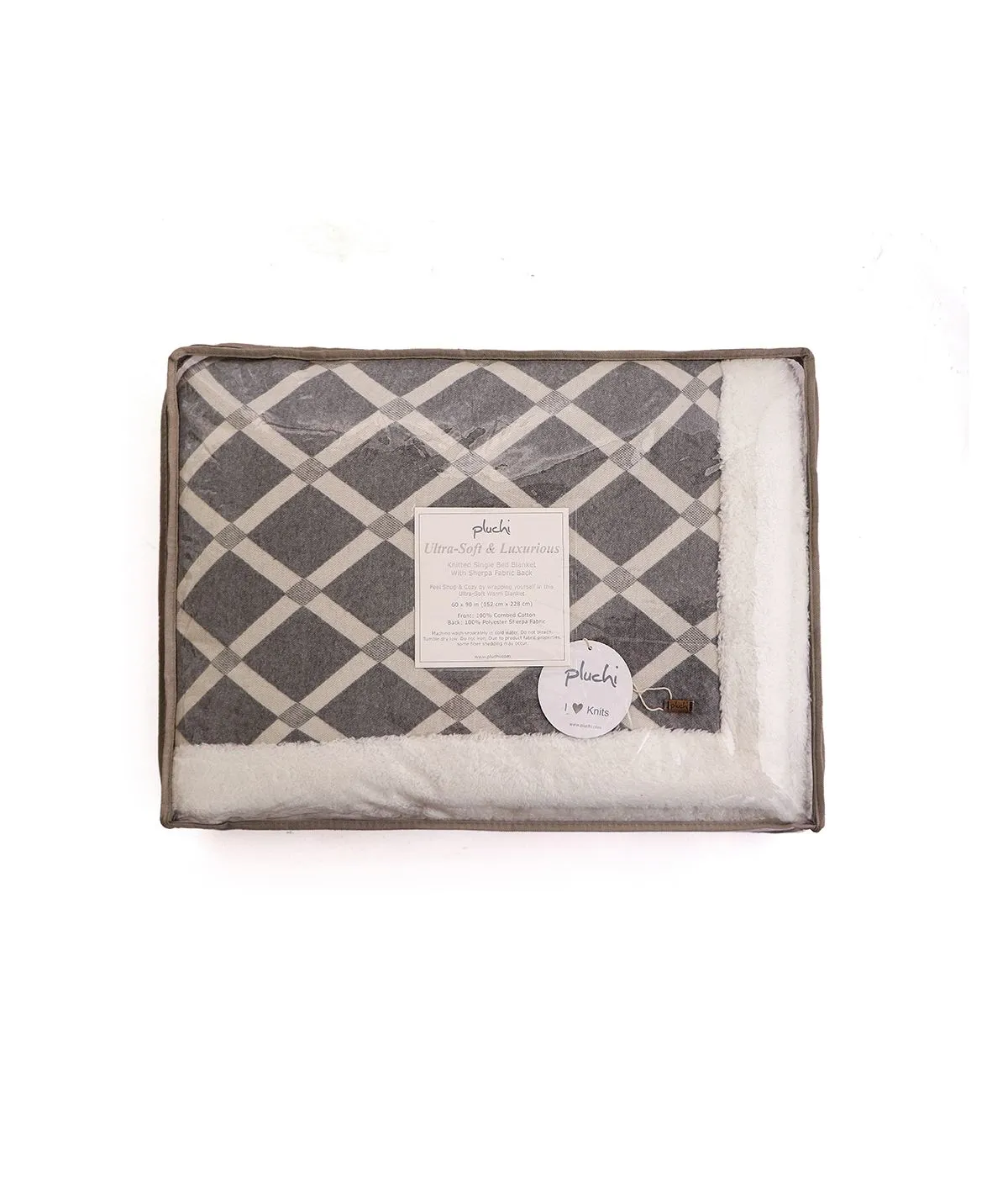 Rohmbus Medium Grey & Natural Cotton Knitted Single Bed Blanket layered with Warm Sherpa Fabric